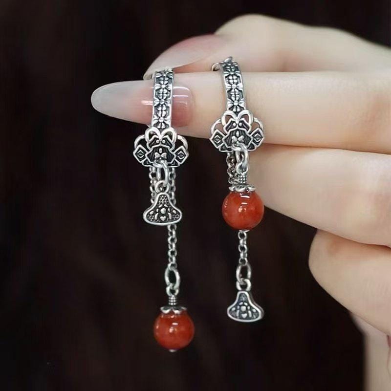 Red Agate Asymmetric Long Dangle Chinese Style Earrings