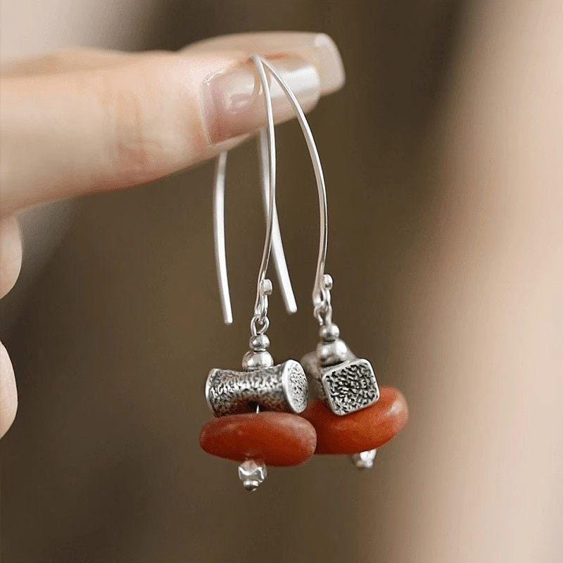 Red Agate Asymmetric Long Dangle Chinese Style Earrings