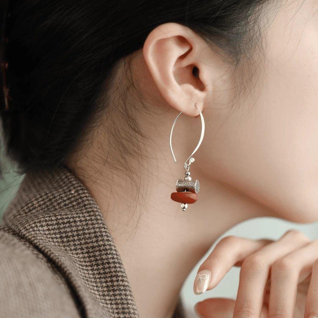 Red Agate Asymmetric Long Dangle Chinese Style Earrings