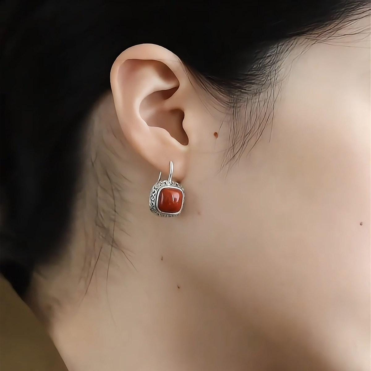 Red Agate Asymmetric Long Dangle Chinese Style Earrings
