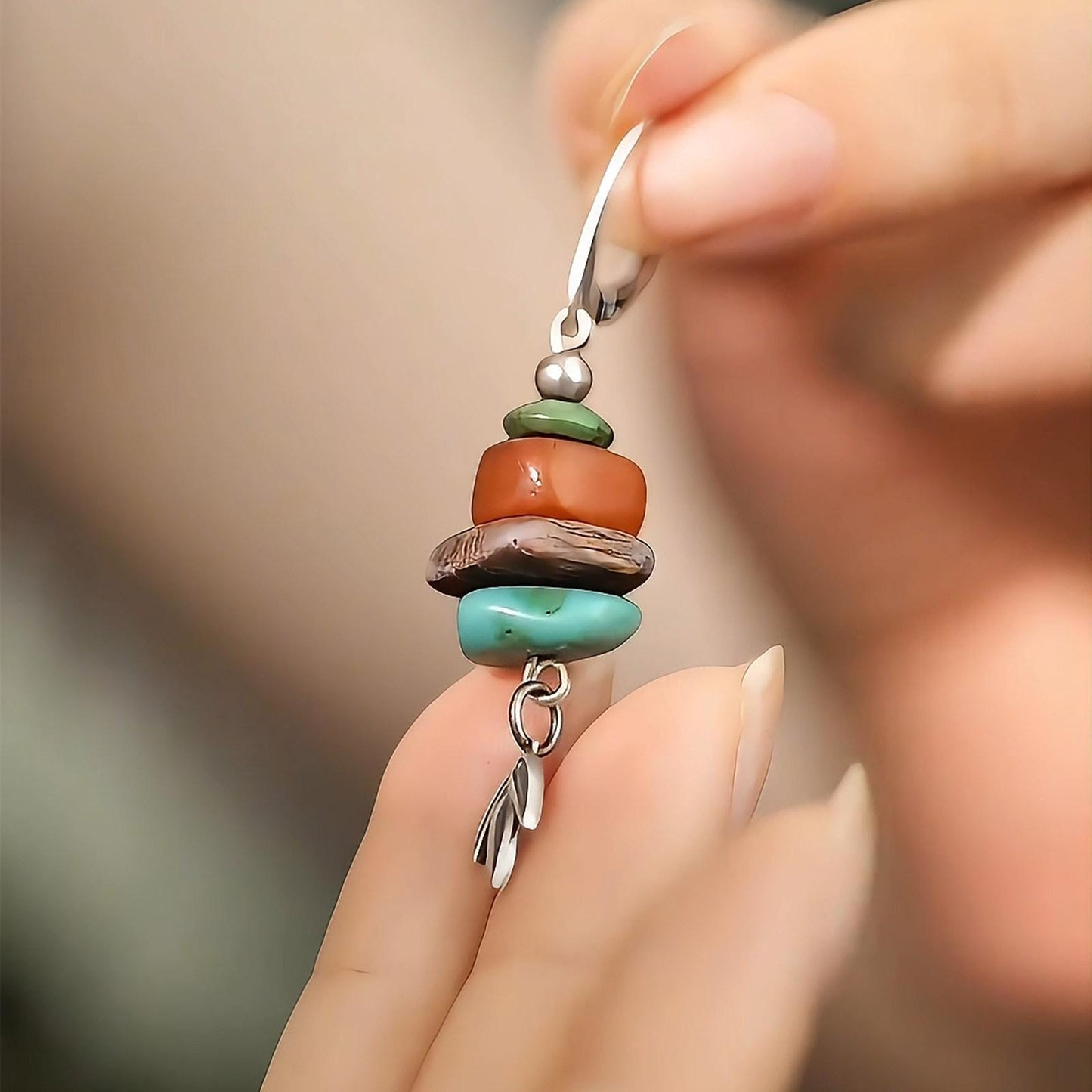 Red Agate Asymmetric Long Dangle Chinese Style Earrings