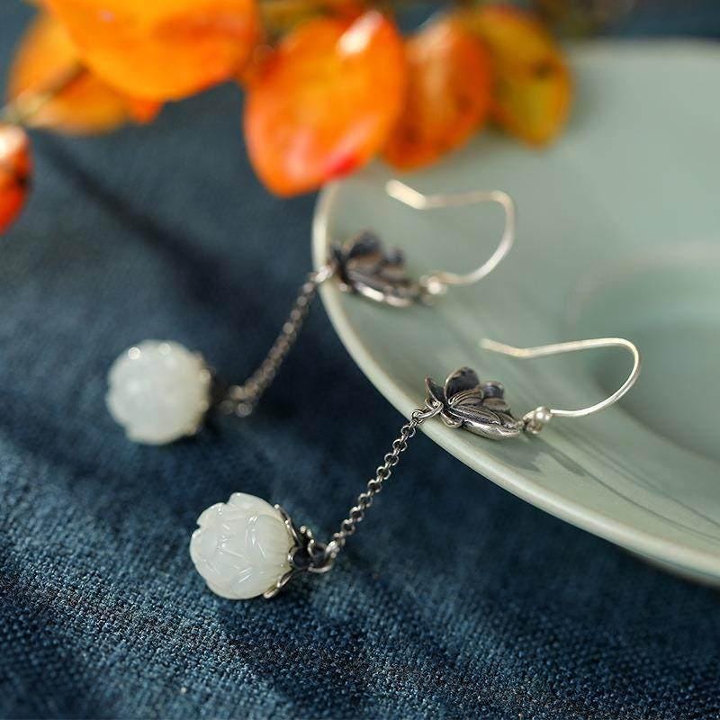 S925 Sterling Silver Enamel Lotus Pearl Drop Earrings
