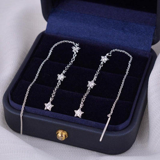Silver Tone Star Threader Earrings with Cubic Zirconia