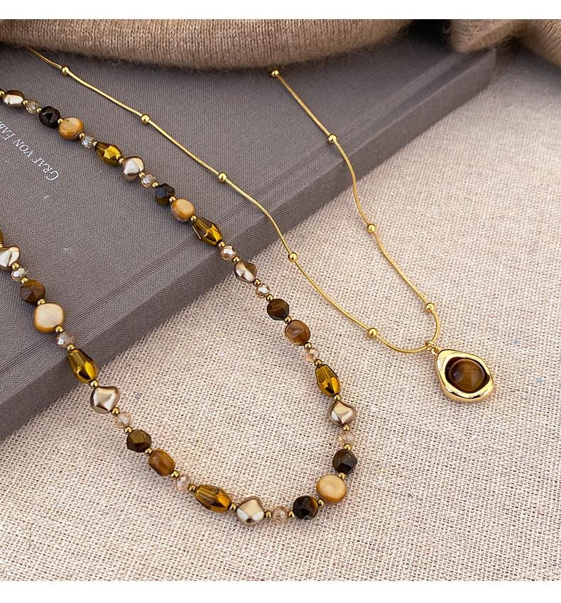 Maillard Tiger Eye Beaded Sweater Chain Necklace