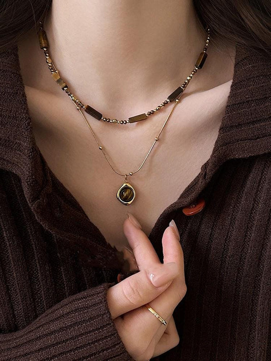Maillard Tiger Eye Beaded Sweater Chain Necklace
