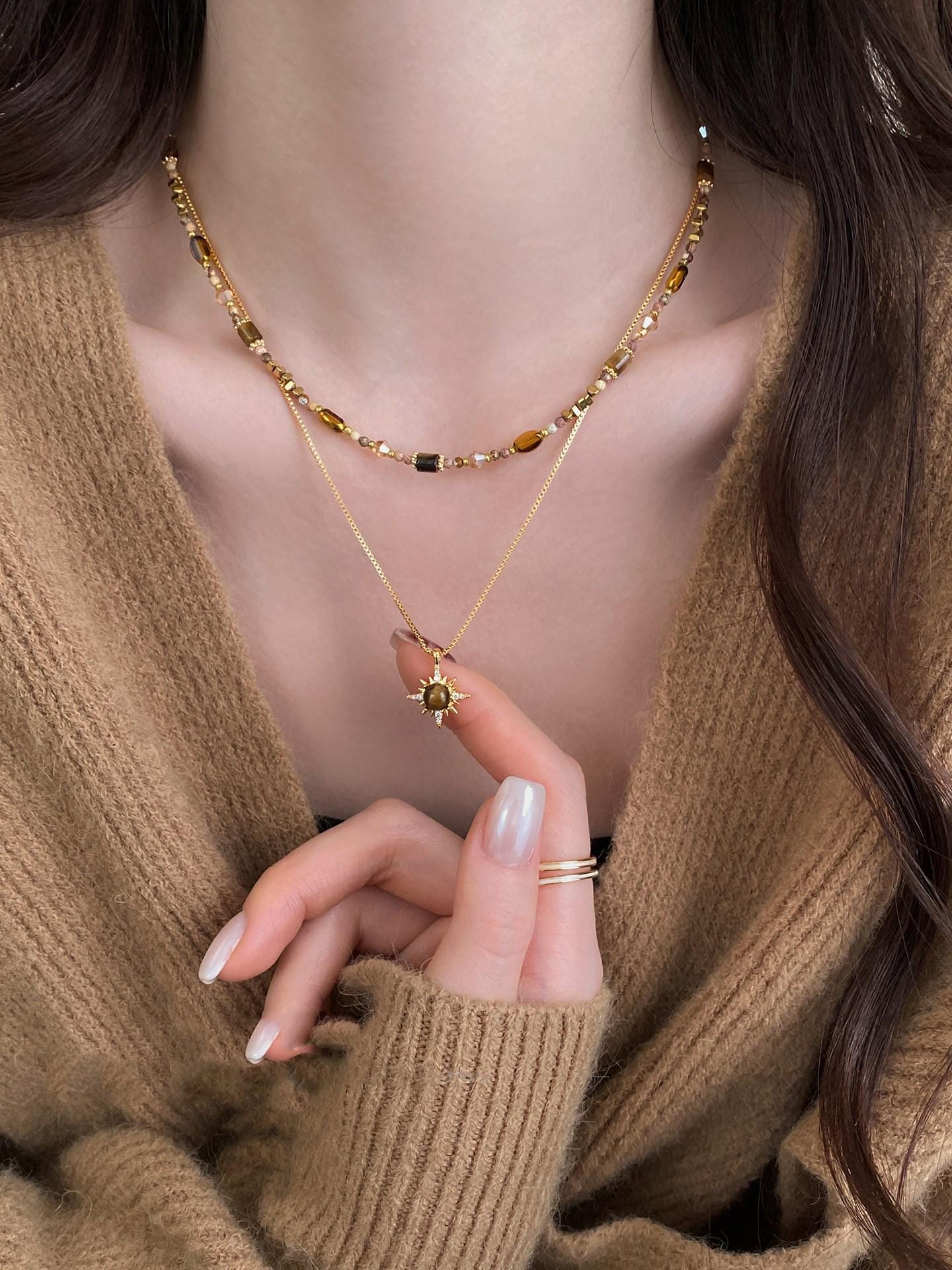 Maillard Tiger Eye Beaded Sweater Chain Necklace