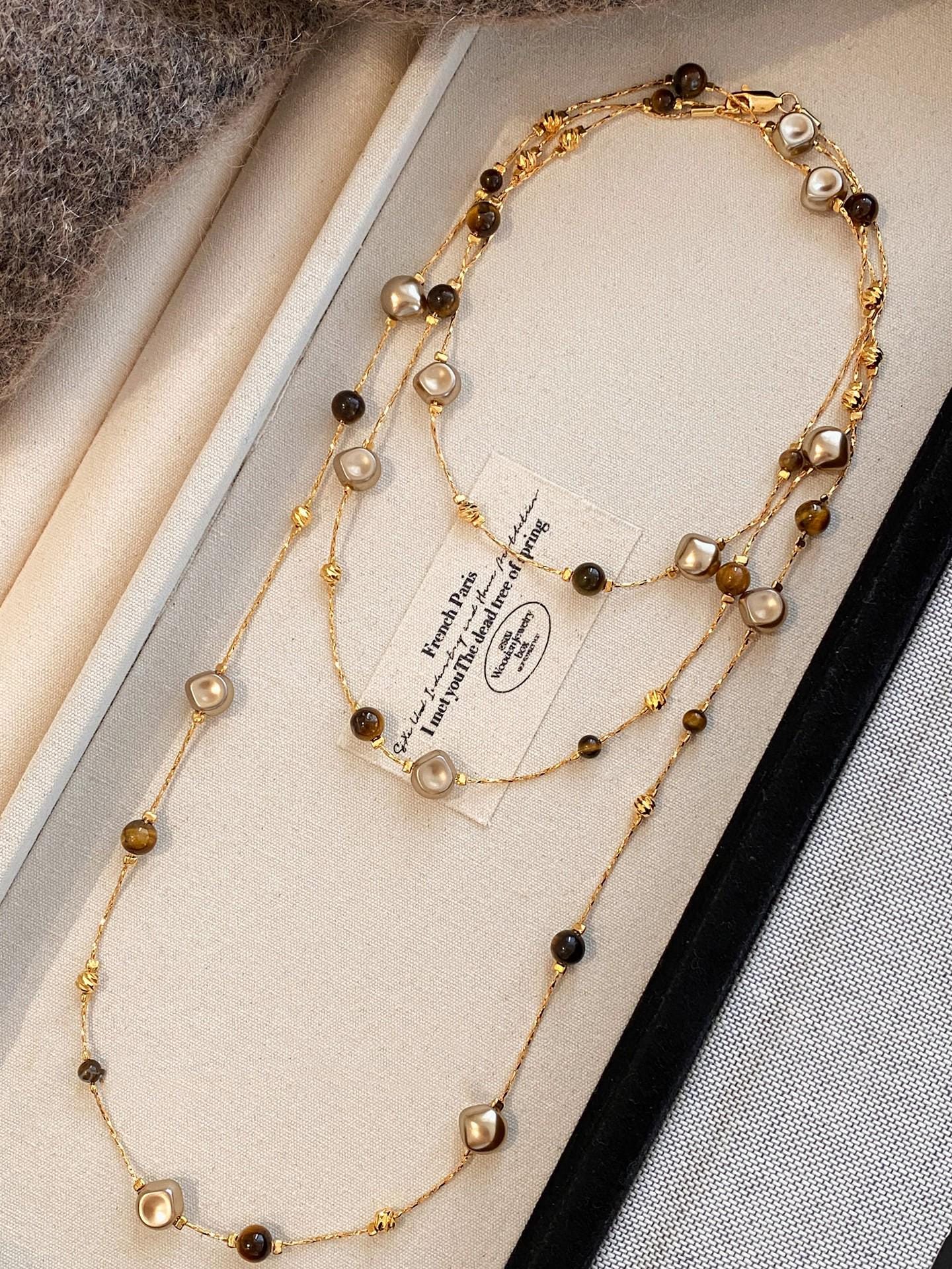 Maillard Tiger Eye Beaded Sweater Chain Necklace