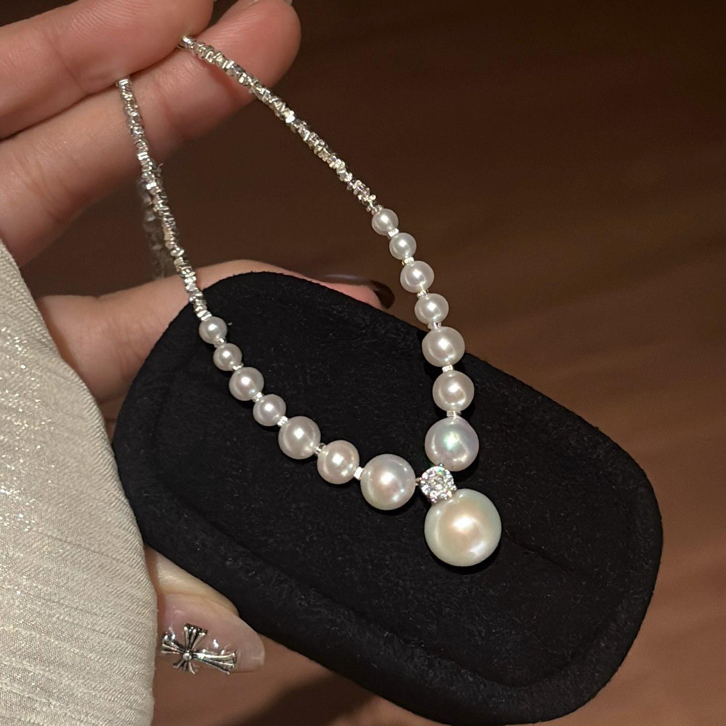 Silver Mixed Chain Pearl Choker Necklace