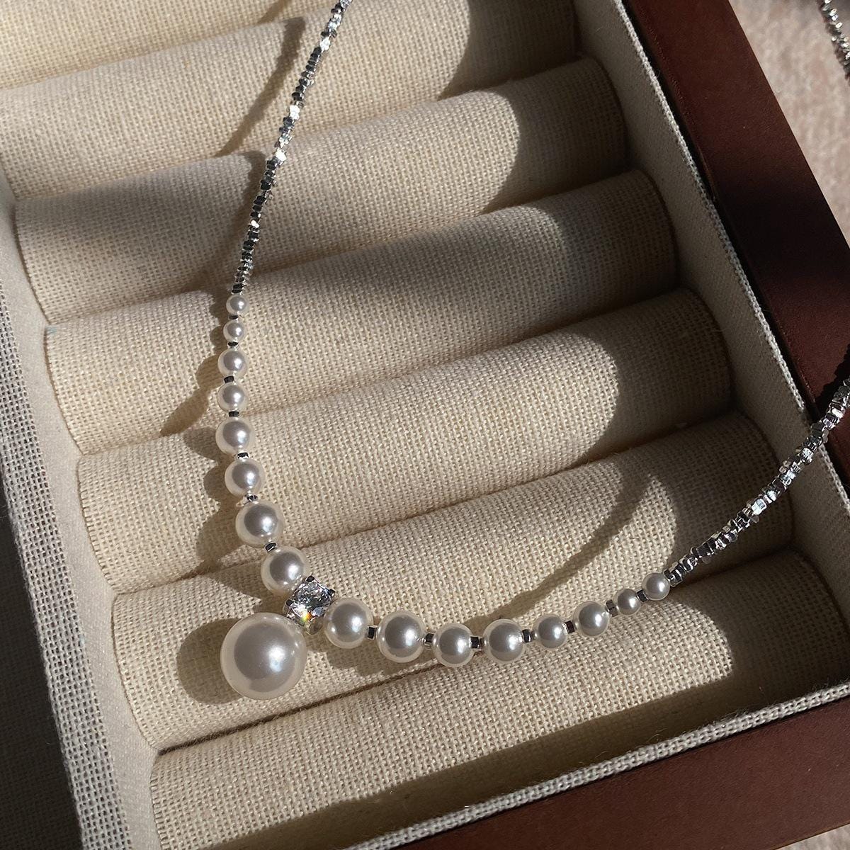 Silver Mixed Chain Pearl Choker Necklace