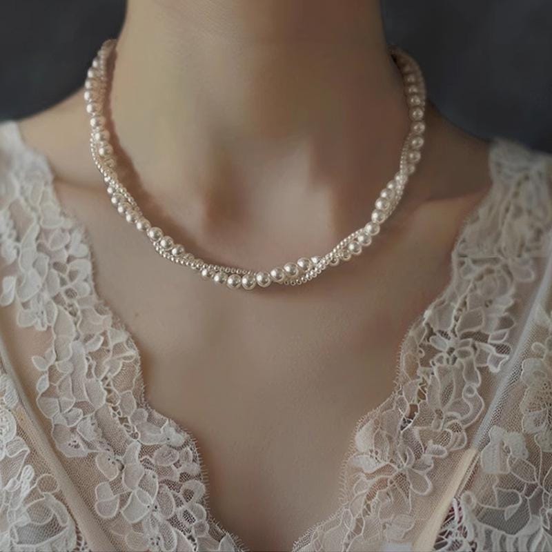 Silver Mixed Chain Pearl Choker Necklace