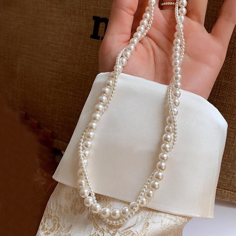 Silver Mixed Chain Pearl Choker Necklace