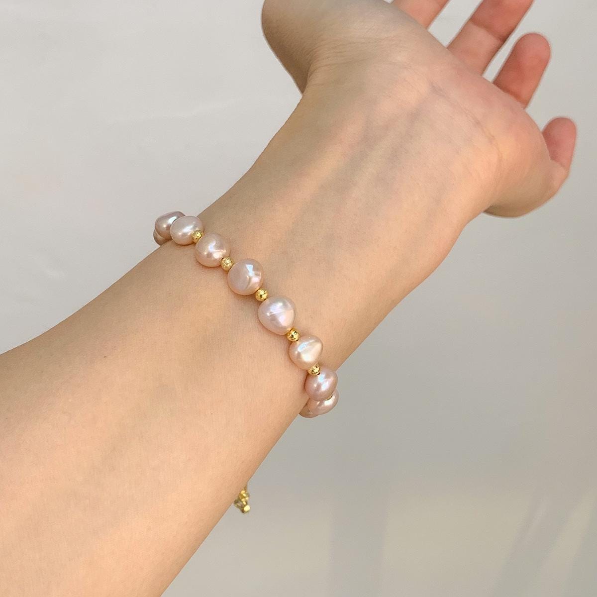 Blush Pink Pearl Stretch Bracelet Gold Bead