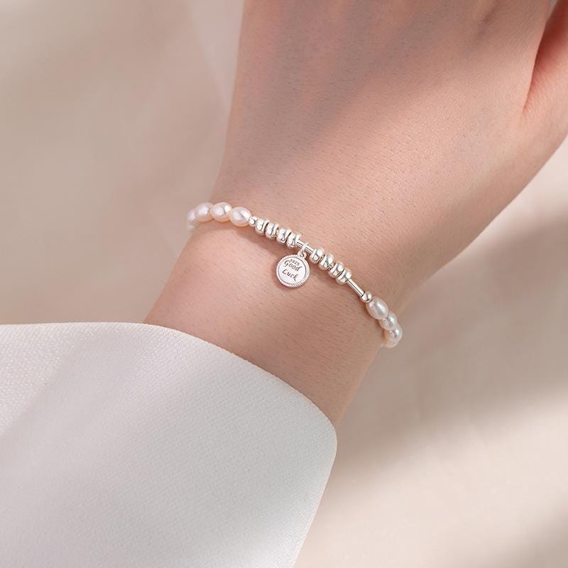 Blush Pink Pearl Stretch Bracelet Gold Bead