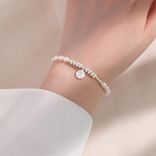 Blush Pink Pearl Stretch Bracelet Gold Bead