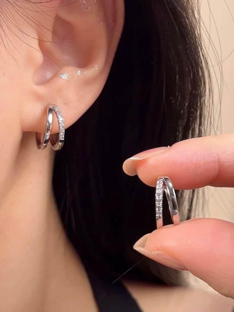 Double Layer Silver Hoop Earrings Zirconia Huggies