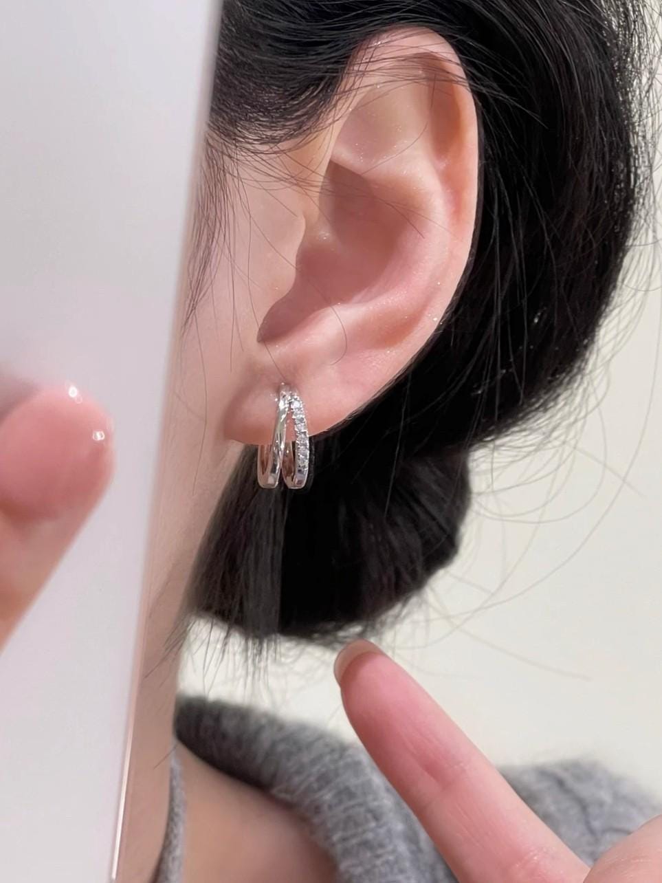 Double Layer Silver Hoop Earrings Zirconia Huggies