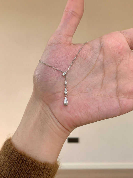 Brushed S925 Sterling Silver Zircon Water Drop Lariat Necklace