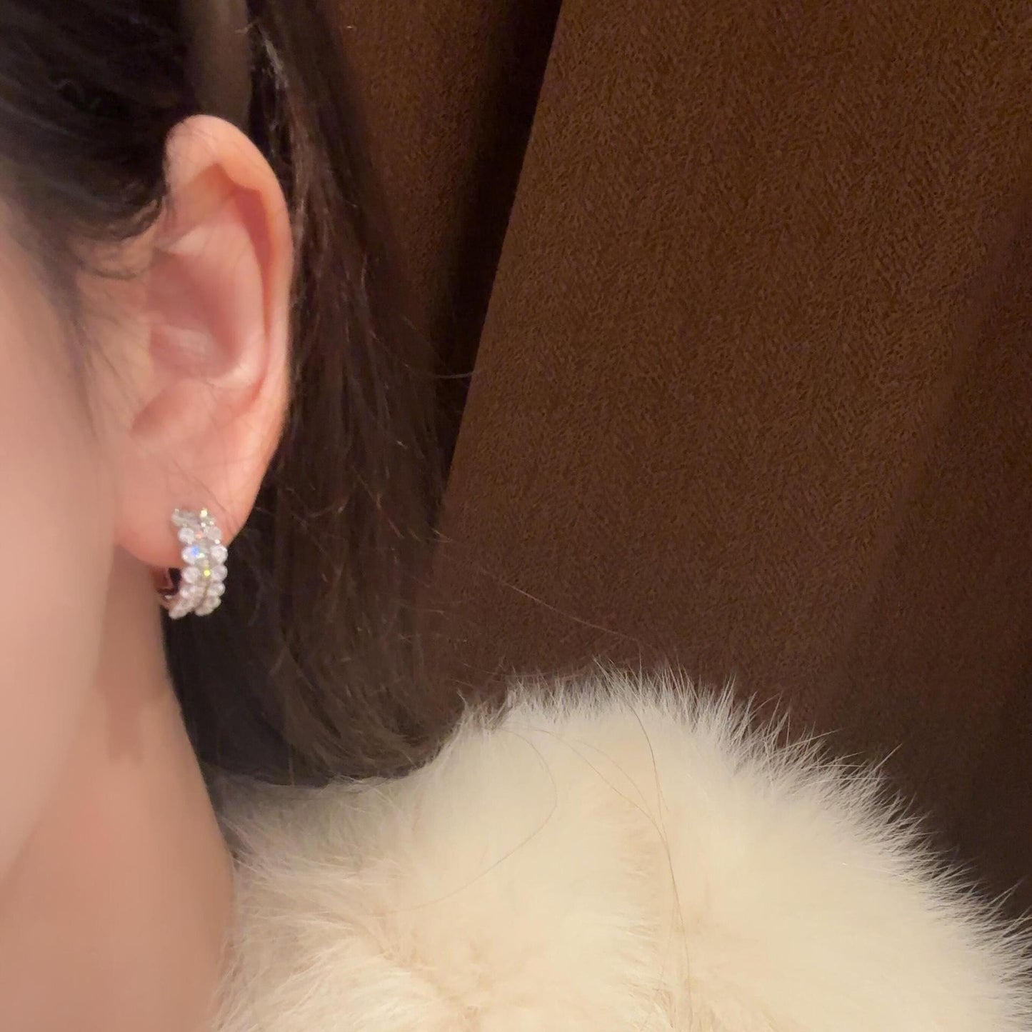 Baguette Crystal Huggie Earrings Lace Hem Silver