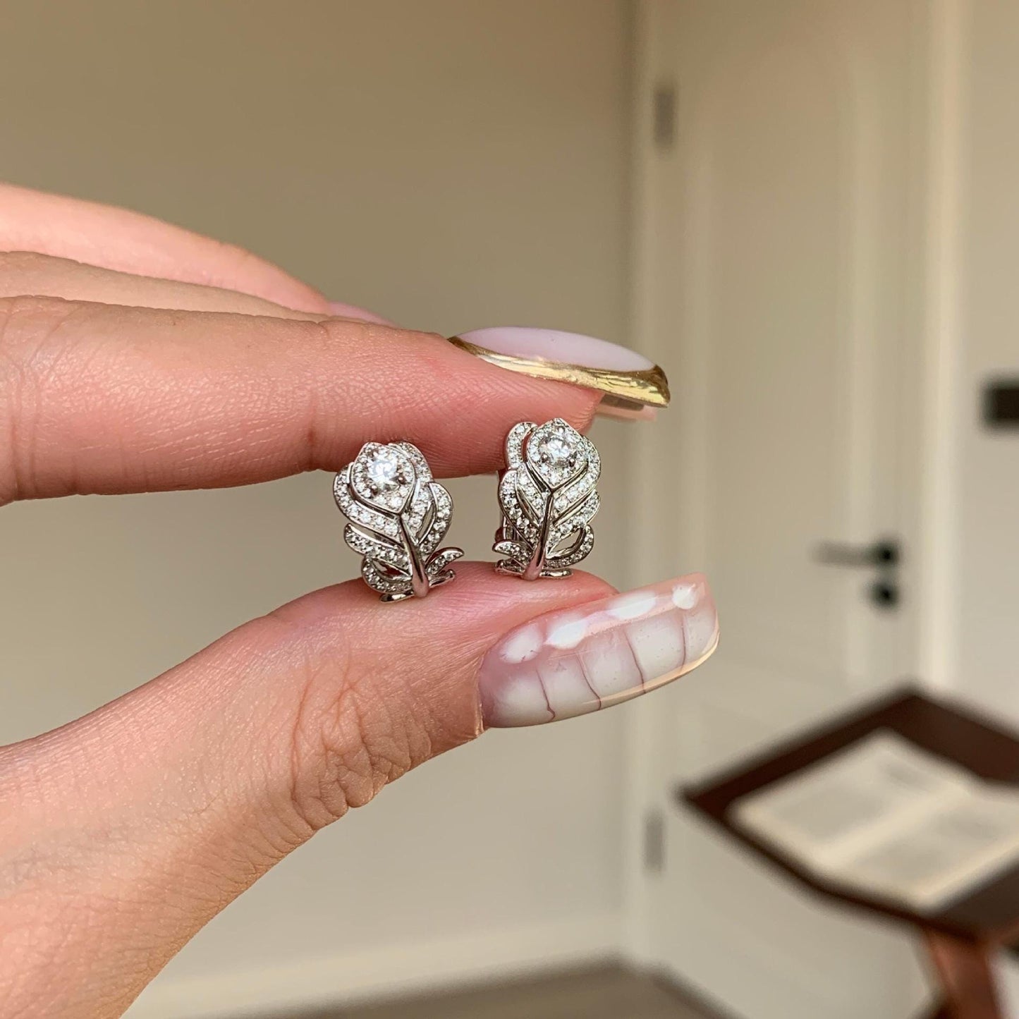 Sterling Silver Leaf Crystal Stud Earrings