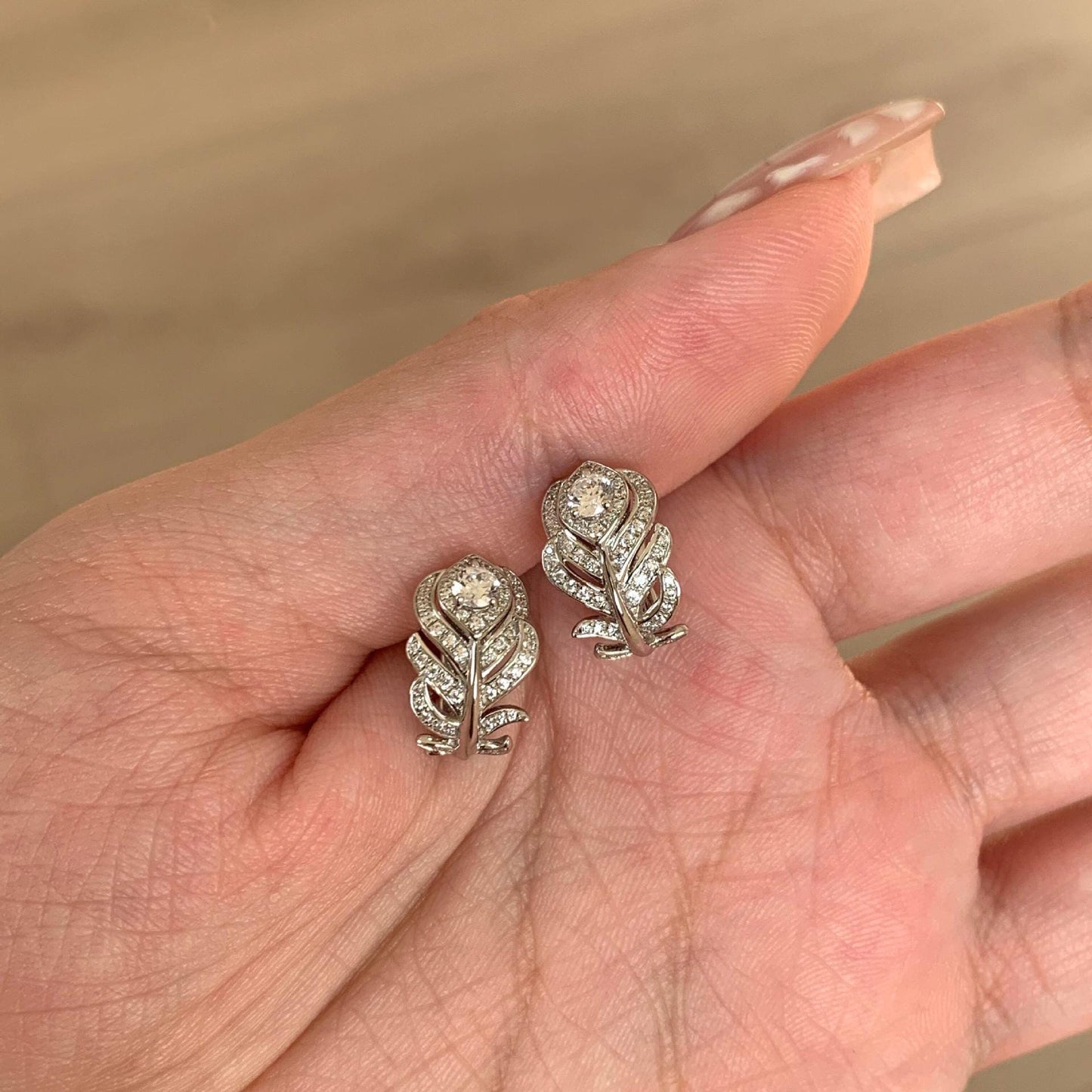 Sterling Silver Leaf Crystal Stud Earrings