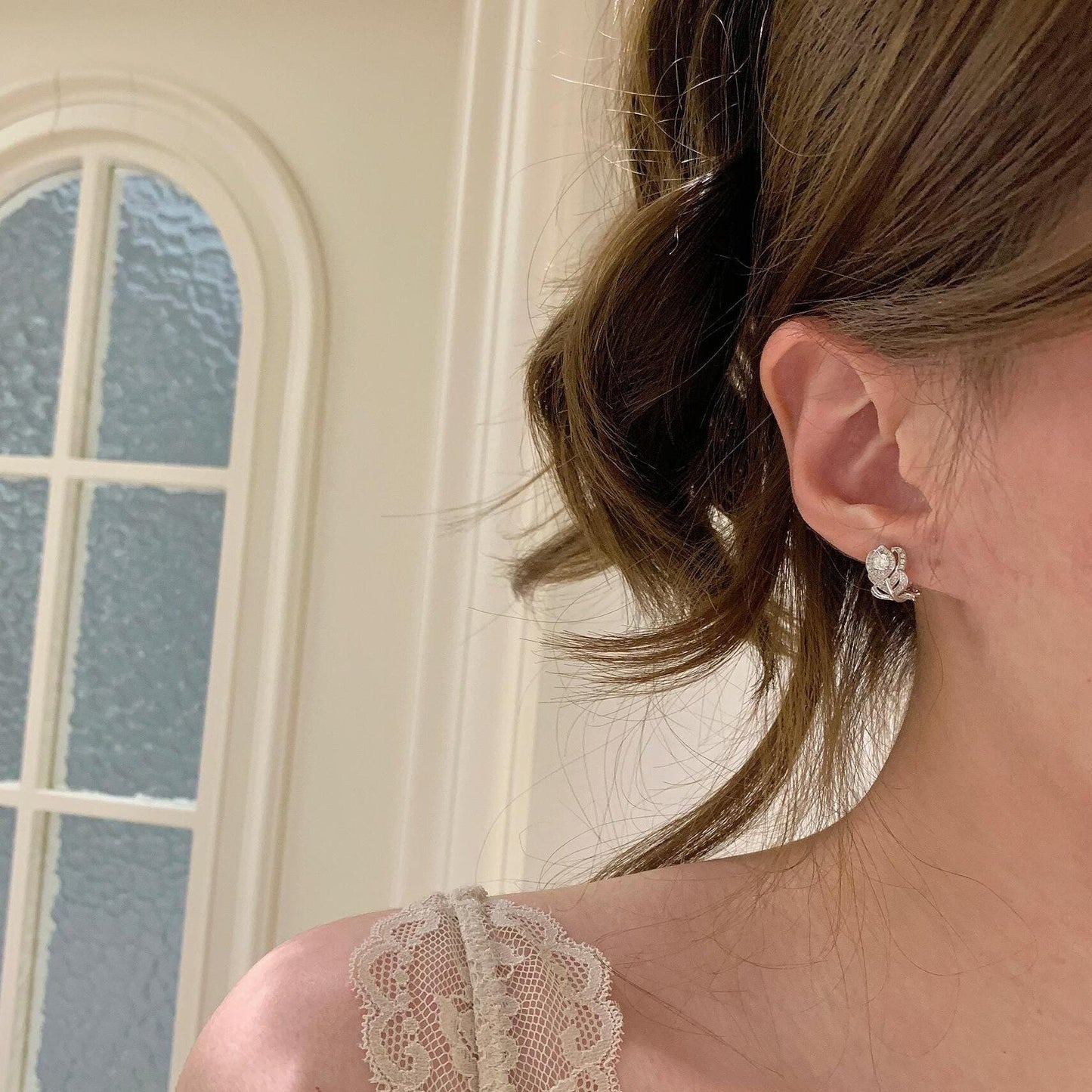 Sterling Silver Leaf Crystal Stud Earrings