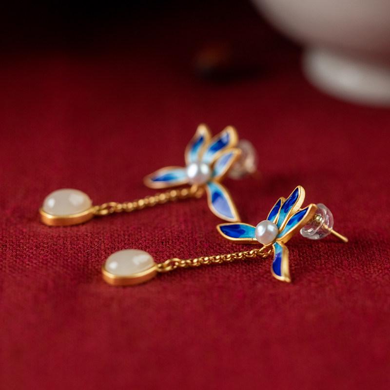 S925 Sterling Silver Enamel Lotus Pearl Drop Earrings