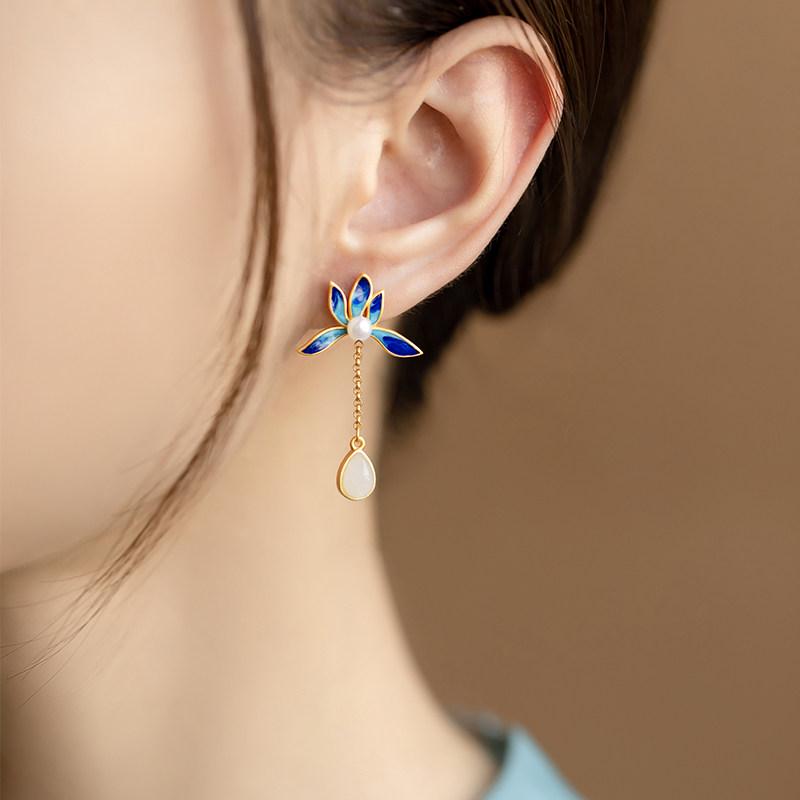 S925 Sterling Silver Enamel Lotus Pearl Drop Earrings