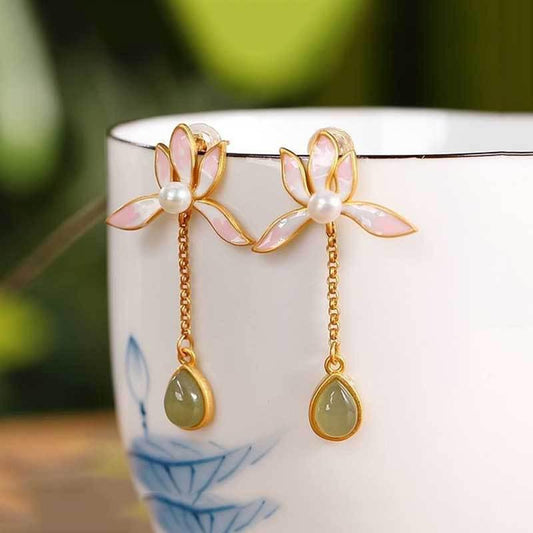 S925 Sterling Silver Enamel Lotus Pearl Drop Earrings