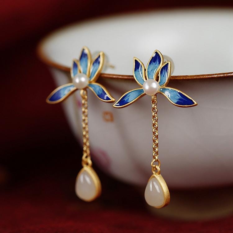 S925 Sterling Silver Enamel Lotus Pearl Drop Earrings