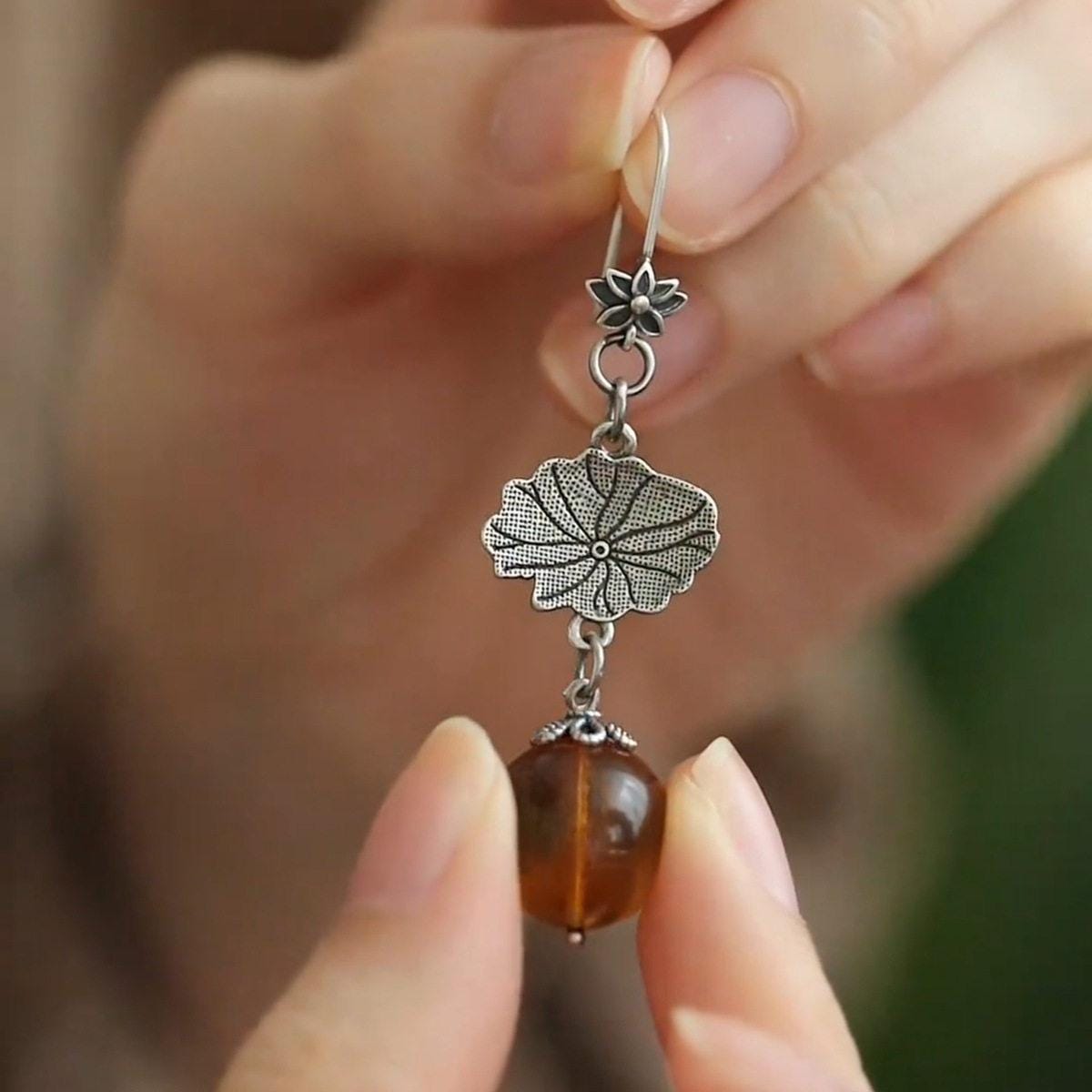 Antiqued Copper Asymmetric Lotus Leaf and Seed Pod Earrings