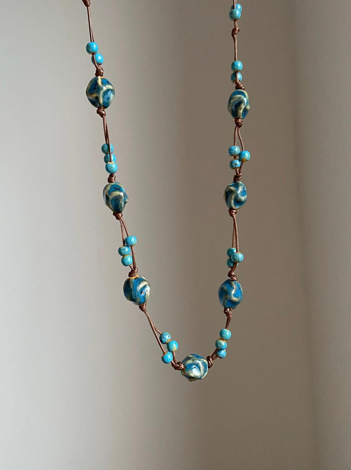 Handwoven Blue Ceramic Bead Long Adjustable Necklace