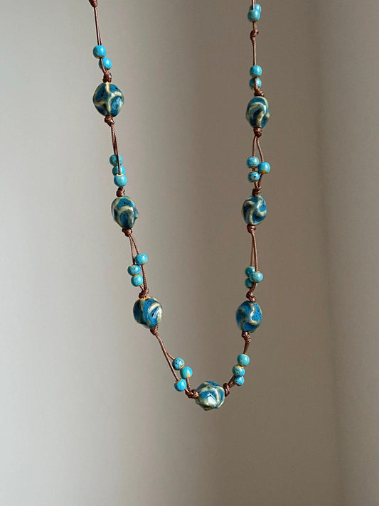 Handwoven Blue Ceramic Bead Long Adjustable Necklace