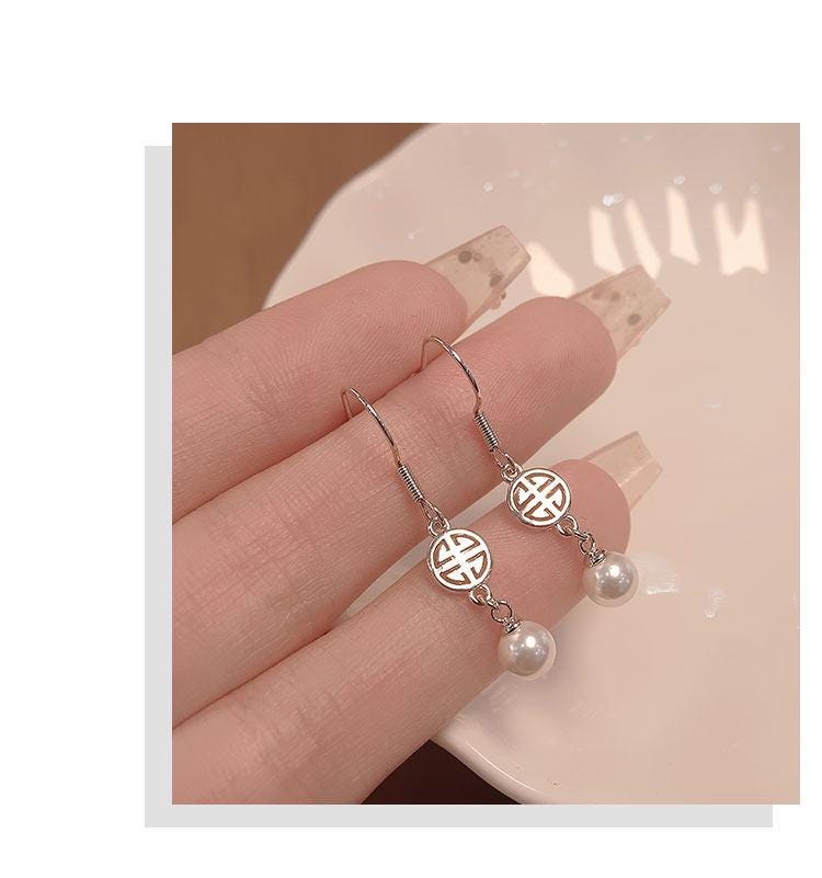 S925 Sterling Silver Double Happiness Pearl Drop Earrings