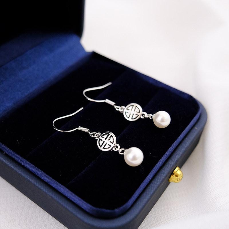 S925 Sterling Silver Double Happiness Pearl Drop Earrings