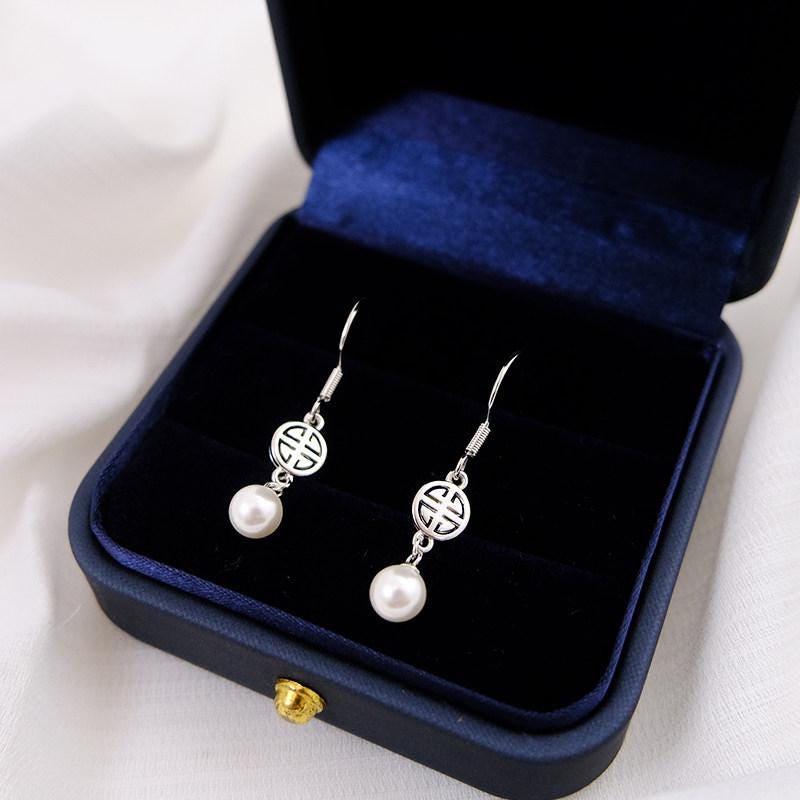 S925 Sterling Silver Double Happiness Pearl Drop Earrings
