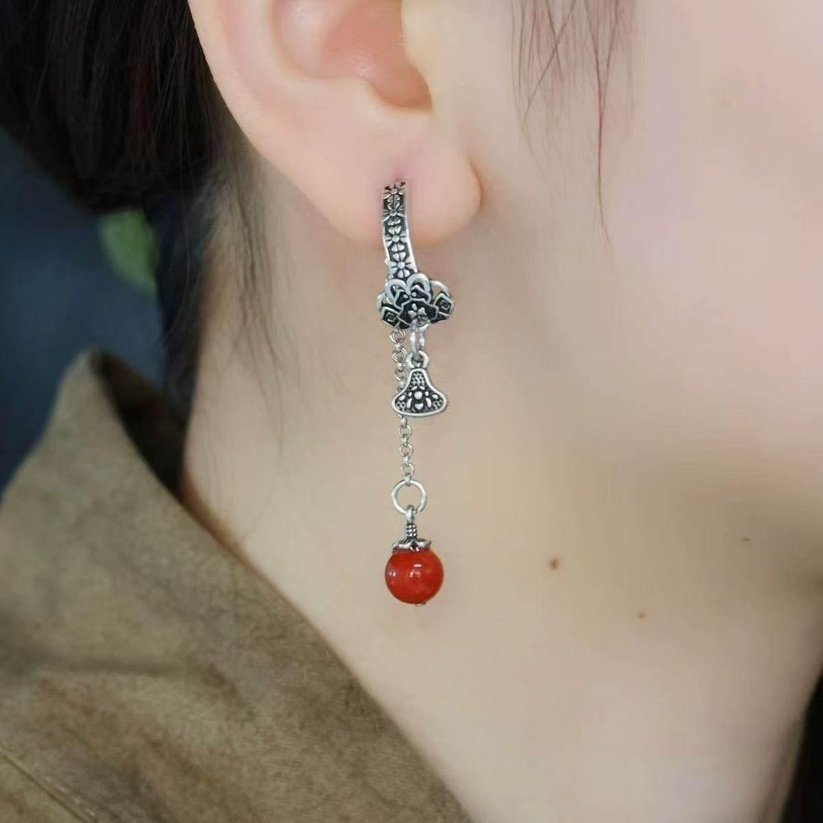 Red Agate Asymmetric Long Dangle Chinese Style Earrings