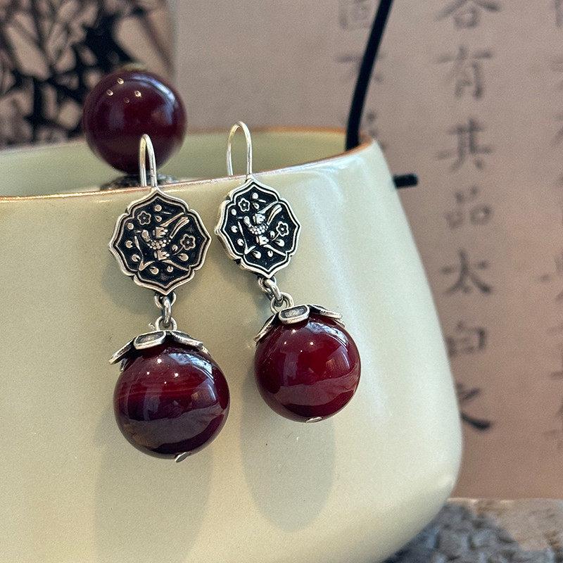 Red Agate Asymmetric Long Dangle Chinese Style Earrings