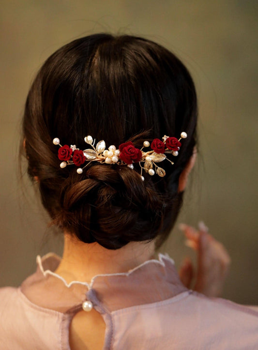 Red Camellia Bridal Hair Clip Ronghua Velvet Flower