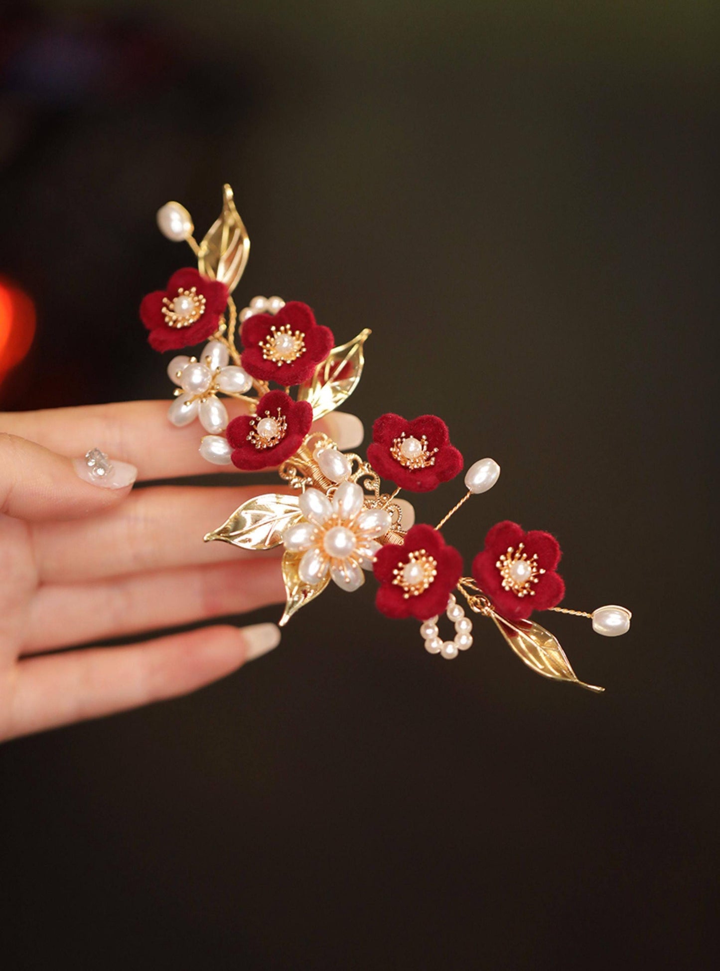 Red Camellia Bridal Hair Clip Ronghua Velvet Flower