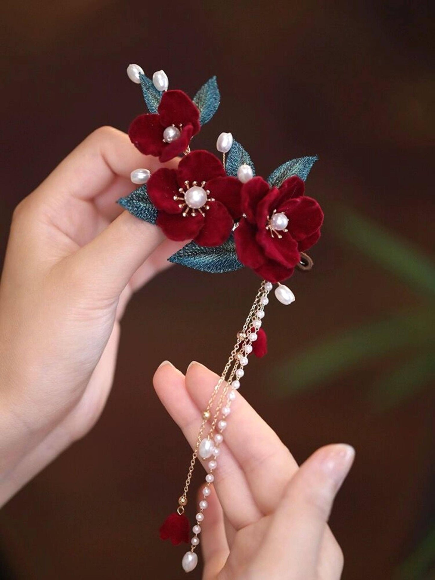 Red Camellia Bridal Hair Clip Ronghua Velvet Flower