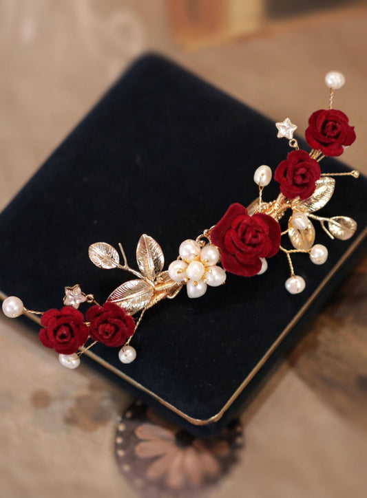 Red Camellia Bridal Hair Clip Ronghua Velvet Flower