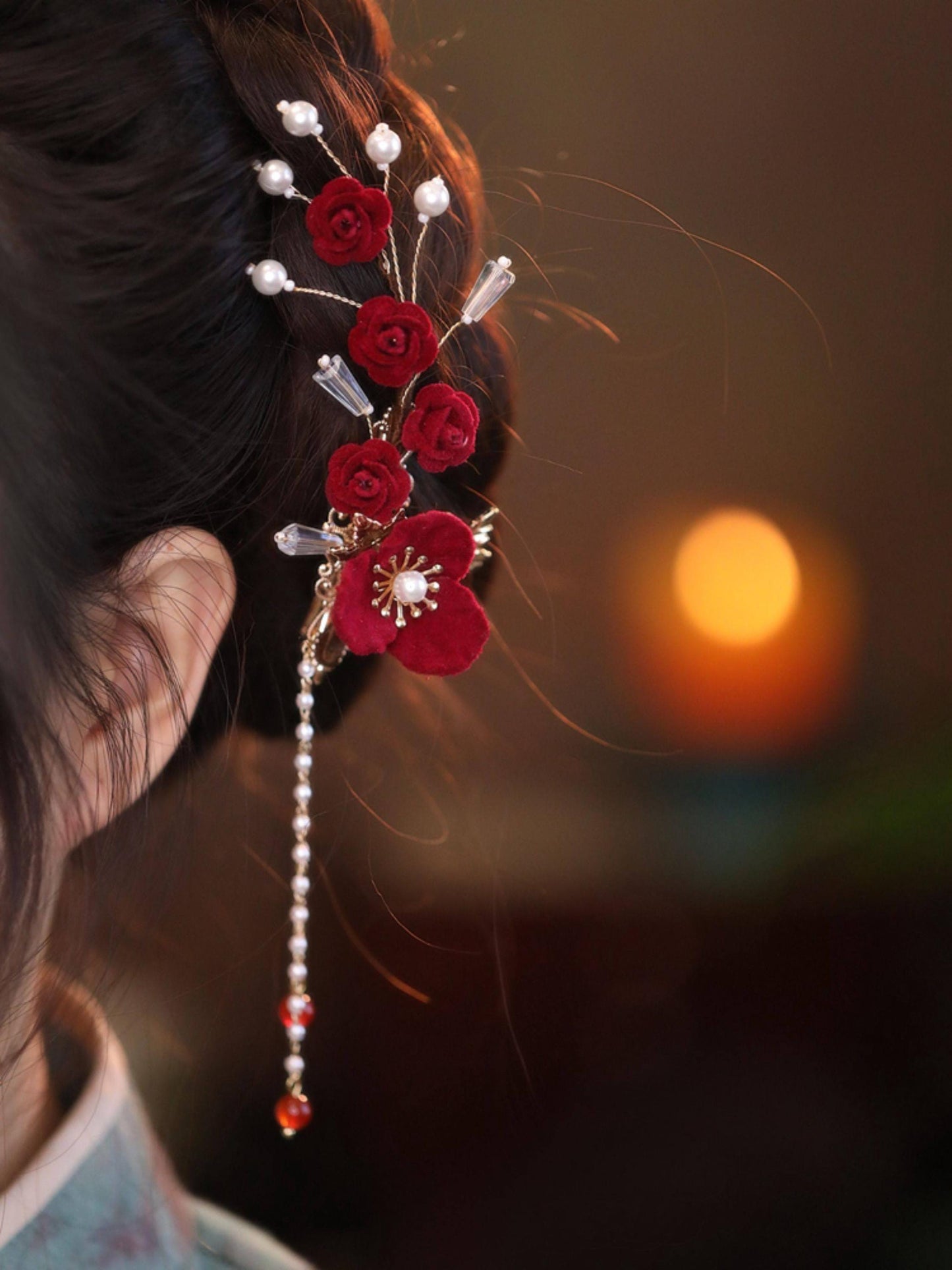 Red Camellia Bridal Hair Clip Ronghua Velvet Flower