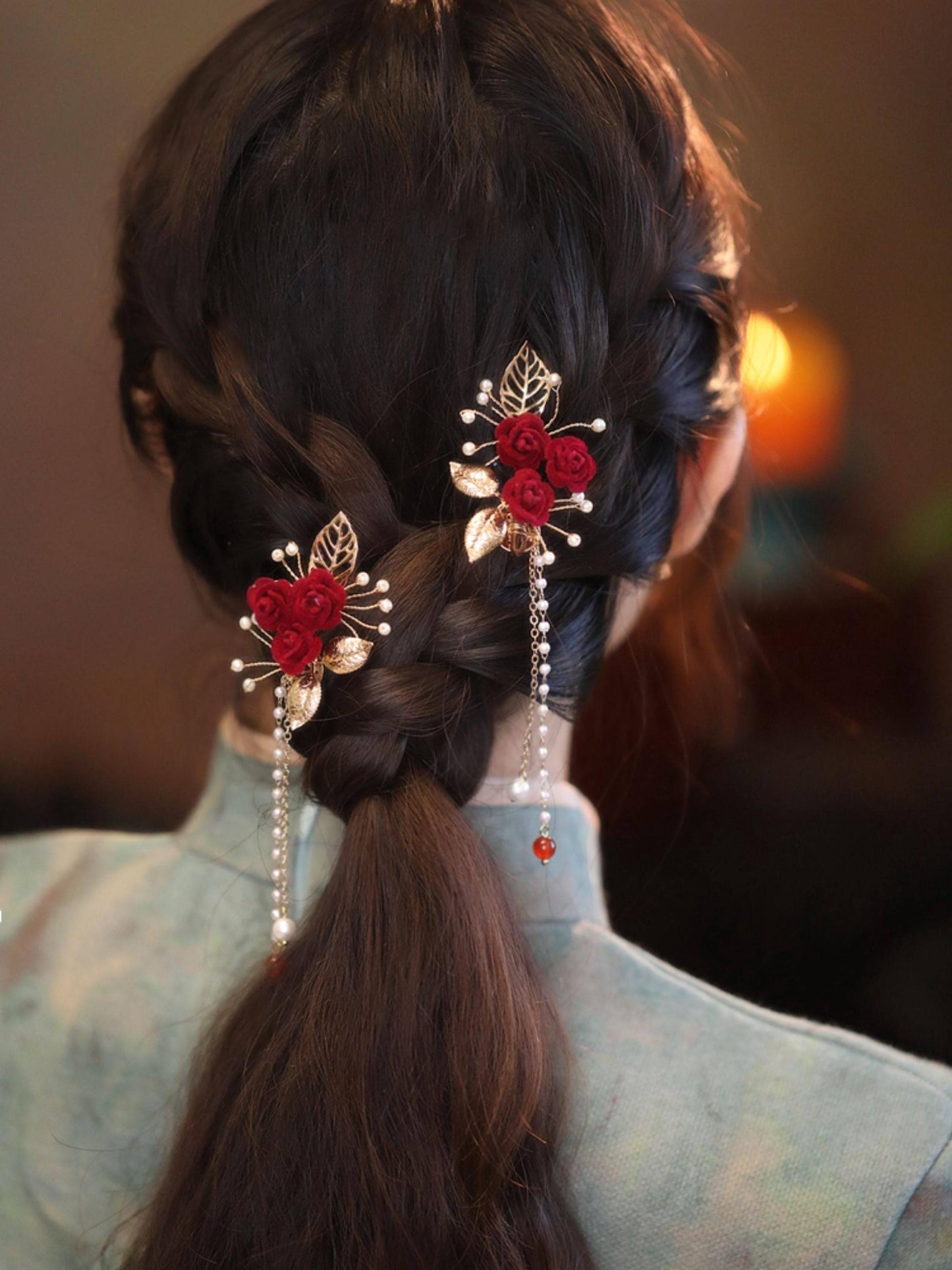 Red Camellia Bridal Hair Clip Ronghua Velvet Flower