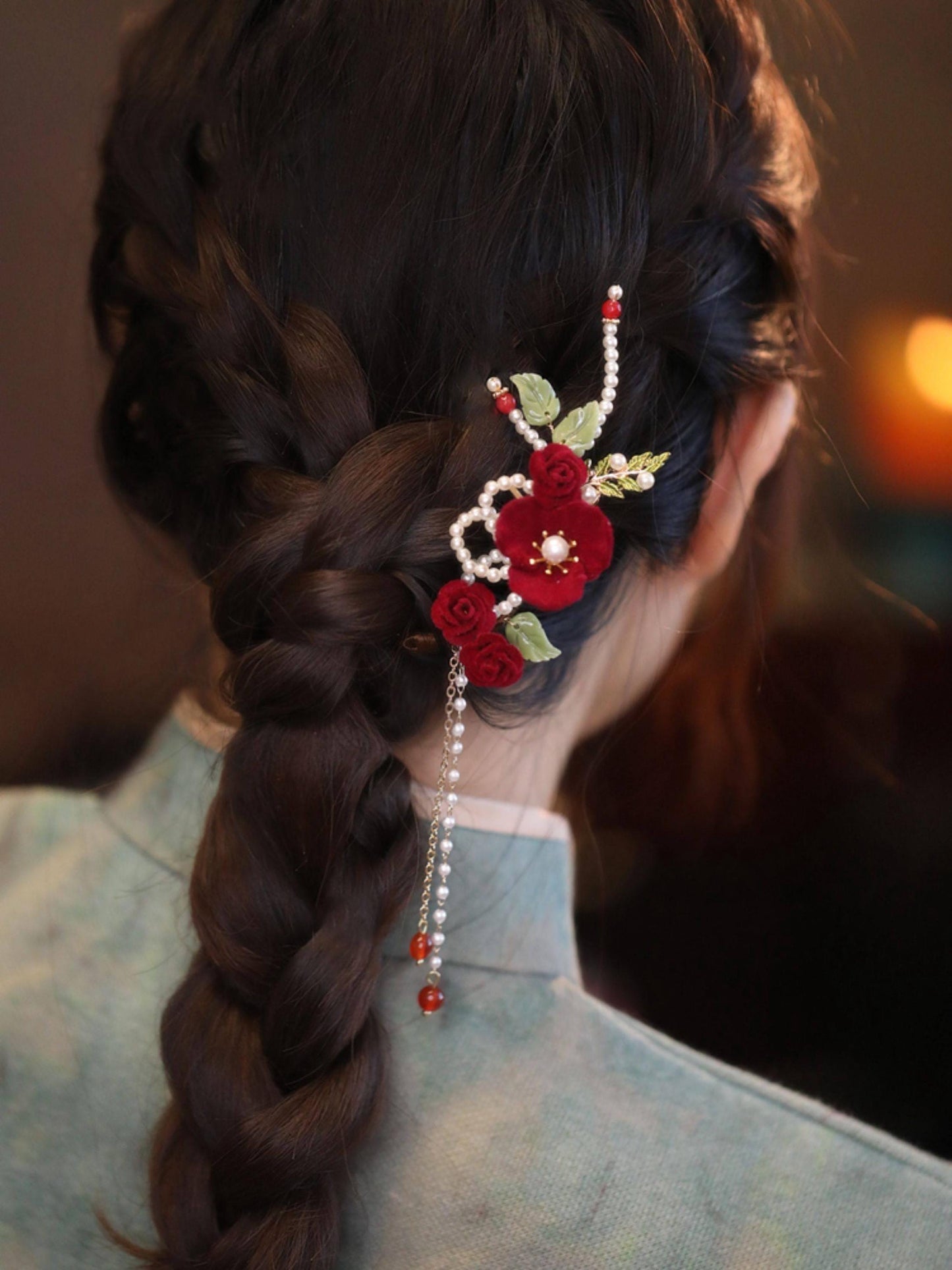 Red Camellia Bridal Hair Clip Ronghua Velvet Flower
