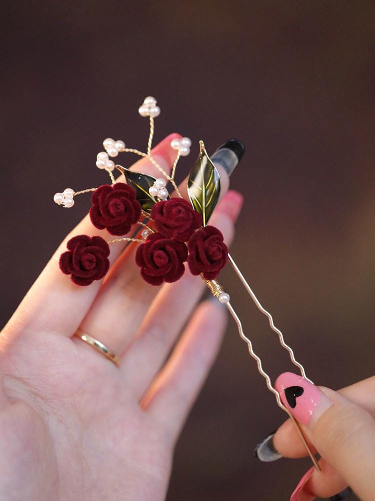 Red Camellia Bridal Hair Clip Ronghua Velvet Flower