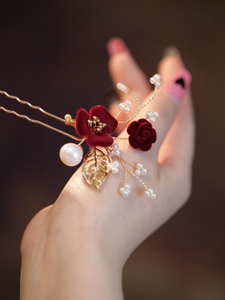 Red Camellia Bridal Hair Clip Ronghua Velvet Flower