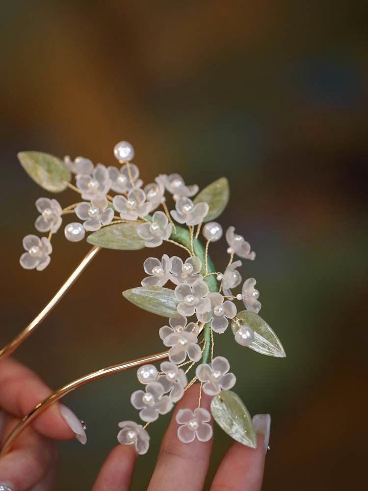 Handmade Blossom Hair Stick Bridal Hairpin Pearl Crystal