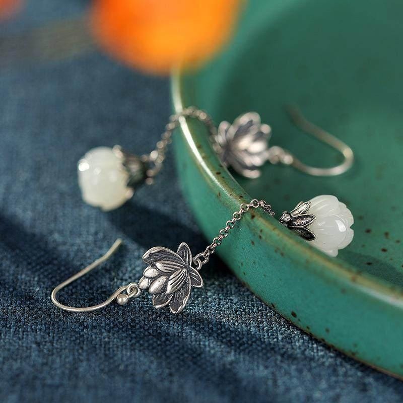 S925 Sterling Silver Enamel Lotus Pearl Drop Earrings