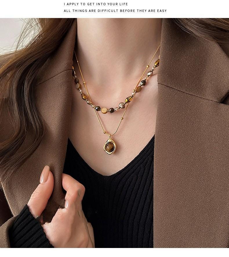 Maillard Tiger Eye Beaded Sweater Chain Necklace
