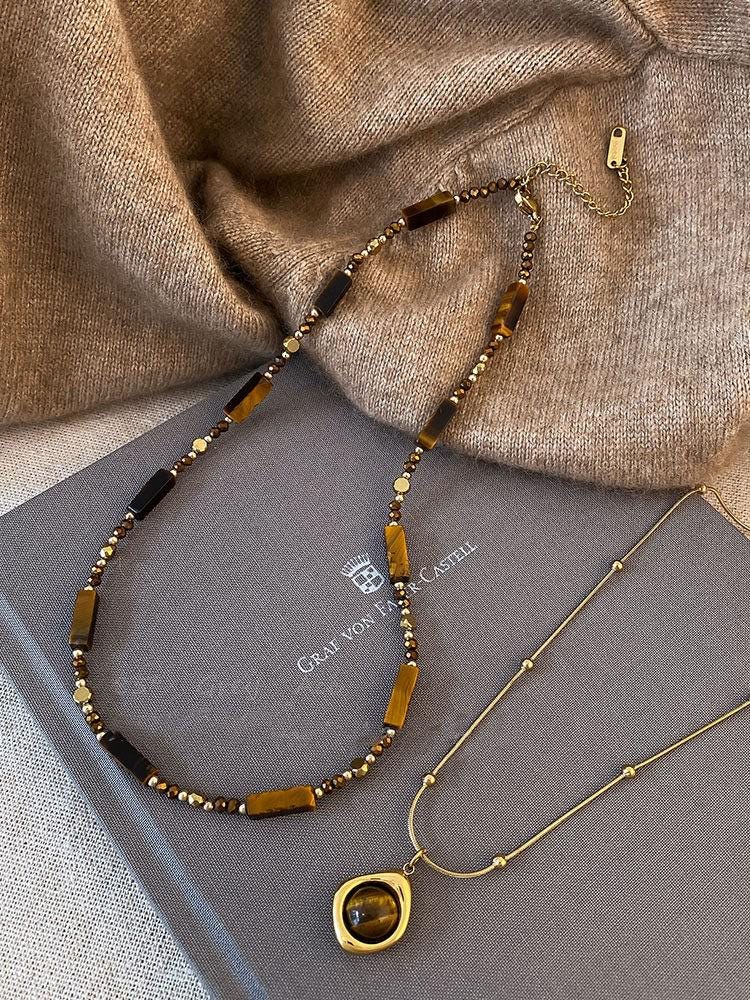 Maillard Tiger Eye Beaded Sweater Chain Necklace